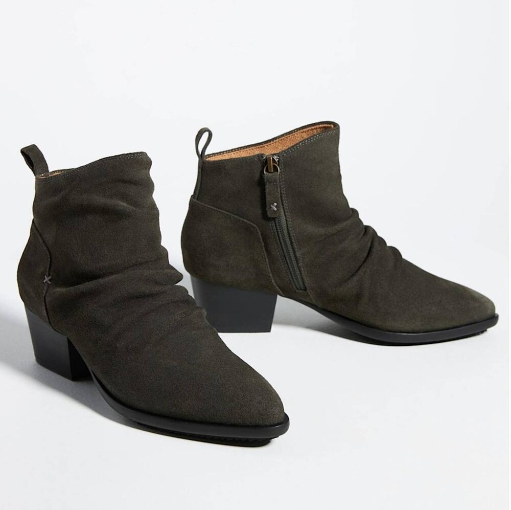 Kelsi Dagger Brooklyn Ego Suede Ankle Boots Olive Green Point Toe Block Heel 9